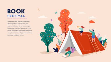 Book festival concept. Little girl reading in the open huge book, opened as a home. Fantasy, adventures and Imagination concept design. Vector illustration, poster, banner 