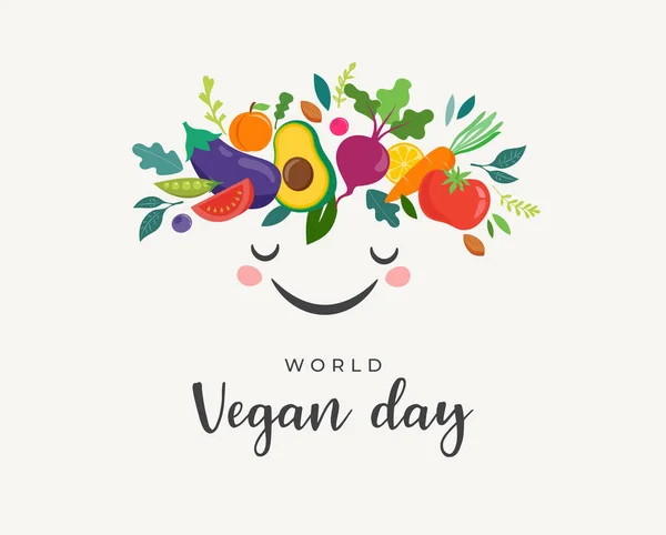 World Vegan Day Concept Design Cute Character Vegetables Crown Fruits — 스톡 벡터