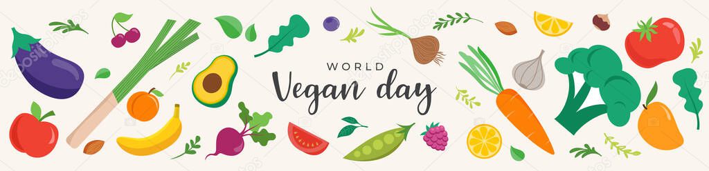 World Vegan Day, Concept Design with vegetables, fruits, leaves and nuts. For Social Media promotions, sticker, banner, greeting cards. Vector illustration