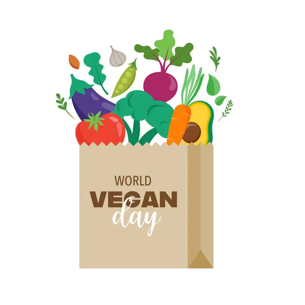 World Vegan Day Concept Design Paper Bag Vegetables Fruits Leaves - Stok Vektor