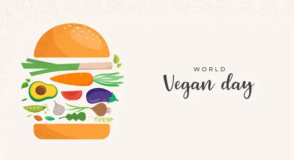 World Vegan Day Concept Design Vegetables Fruits Leaves Nuts Social — Vetor de Stock