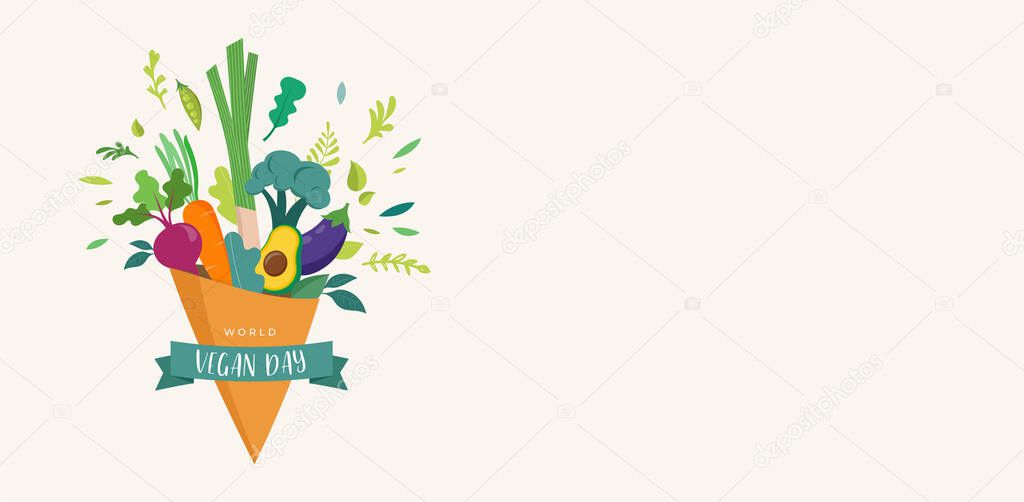 World Vegan Day, Concept Design. Bouquet of vegetables, leaves, fruits, leaves and nuts. For Social Media promotions, sticker, banner, greeting cards. Vector illustration