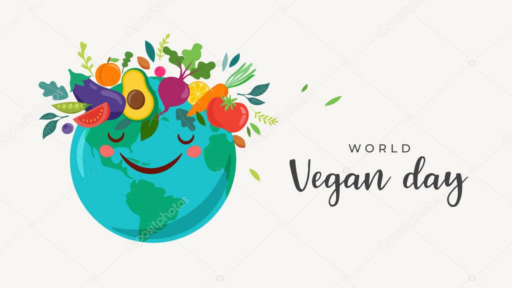 World Vegan Day, Concept Design. World with vegetables crown, fruits, leaves and nuts. For Social Media promotions, sticker, banner, greeting cards. Vector illustration 