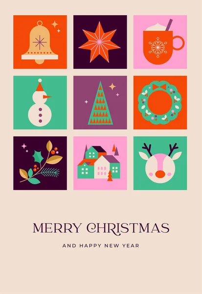 クリスマスの装飾品 休日の贈り物 冬の要素 キャンドル クリスマスツリー 村やホットチョコレートのコレクション フラット幾何学的な漫画スタイルでカラフルなベクトルイラスト ミニマリズム — ストックベクタ