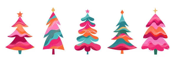 Yeni Yıl Için Renkli Retro Noel Ağaçları Koleksiyonu 2023 Vektör — Stok Vektör