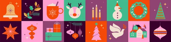 Sammlung Von Weihnachtsschmuck Weihnachtsgeschenken Winterelementen Kerzen Weihnachtsbaum Taube Dorf Und — Stockvektor