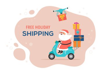 Noel ve tatiller çevrimiçi dağıtım hizmeti, çevrimiçi sipariş izleme, eve ve ofise teslimat. Depo, kamyon, drone, scooter ve bisikletli kurye Noel Baba. Vektör illüstrasyonu