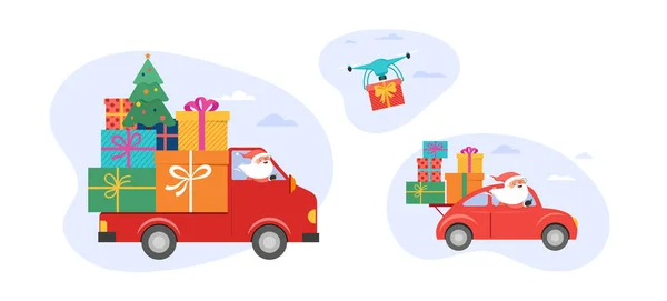 圣诞假期网上送货服务的概念 网上订货跟踪 送货回家和上班时间 无人机 摩托车和自行车信使圣诞老人 矢量说明 — 图库矢量图片