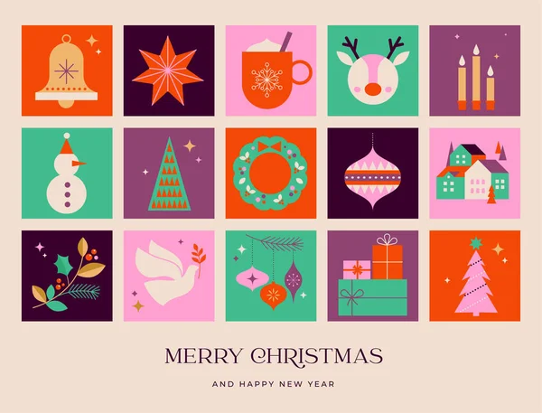 Karácsonyi Dekorációk Ünnepi Ajándékok Téli Elemek Gyertyák Karácsonyfa Galamb Falu — Stock Vector