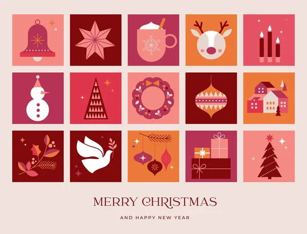 メリークリスマス現代的なデザイン 休日の贈り物 冬の要素 キャンドル クリスマスツリー 村やクリスマスの装飾 フラット幾何学的な漫画スタイルでカラフルなベクトルイラスト ミニマルなデザイン — ストックベクタ