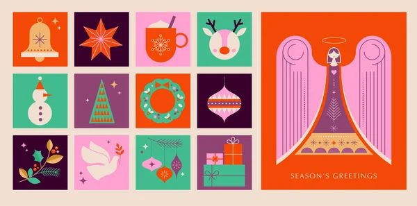 Ευχετήρια Κάρτα Φόντο Χριστουγεννιάτικο Άγγελο Και Χριστούγεννα Διακοσμητικά Στοιχεία Πολύχρωμη — Διανυσματικό Αρχείο