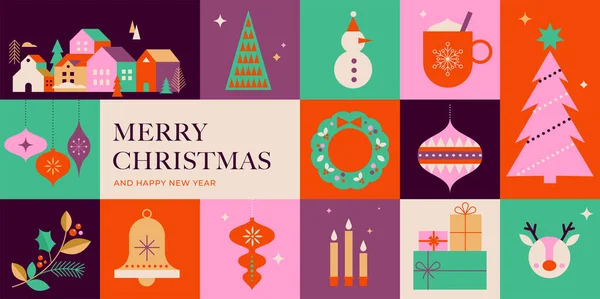 クリスマスの装飾品 休日の贈り物 冬の要素 キャンドル クリスマスツリー 村やホットチョコレートのコレクション フラット幾何学的な漫画スタイルでカラフルなベクトルイラスト ミニマリズム — ストックベクタ