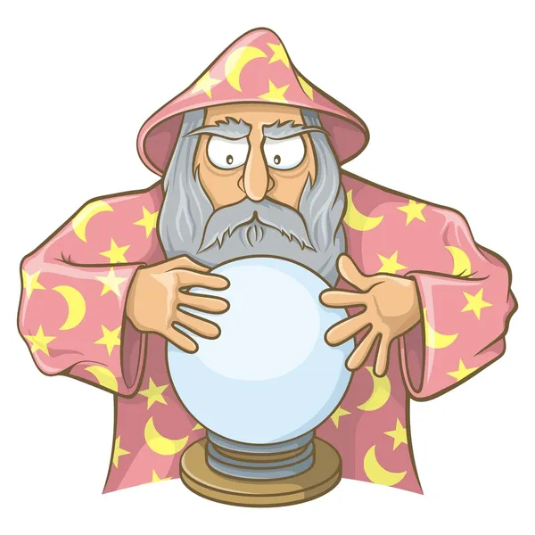 Волшебник в розовом плаще с волшебным шаром — стоковый вектор