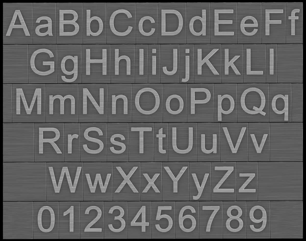 Alfabeto e números - blocos de metal — Fotografia de Stock