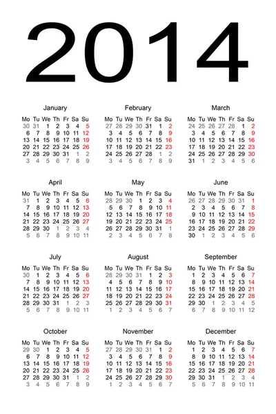 Calendario 2014 — Vettoriale Stock