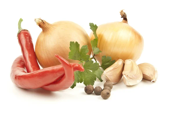 Onion and garlic clove isolated on white background — Stock Photo, Image