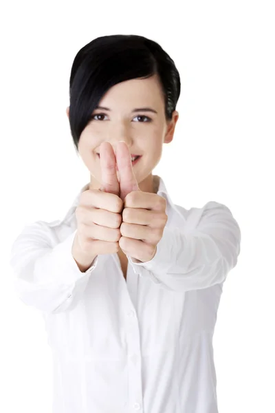 Feliz sonriente mujer de negocios con los pulgares hacia arriba gesto — Foto de Stock