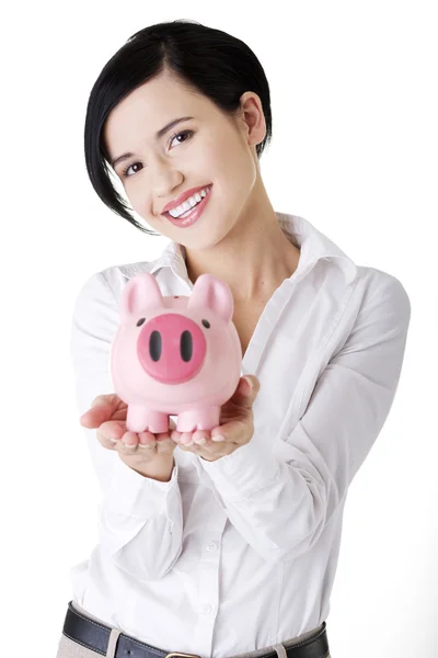 Happy business woman with her savings — Stock Photo, Image