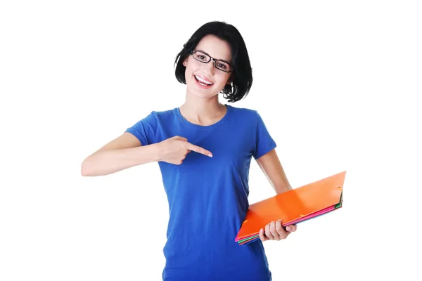 Mujer estudiante feliz con cuadernos — Foto de Stock