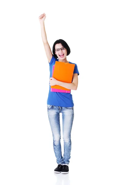 Glad student kvinna med bärbara datorer — Stockfoto