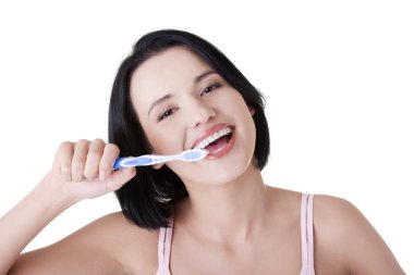 büyük diş diş fırçası tutan kadın