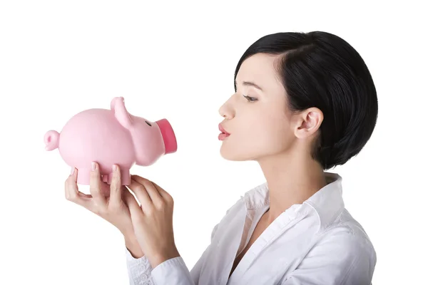 Mujer de negocios feliz con sus ahorros — Foto de Stock