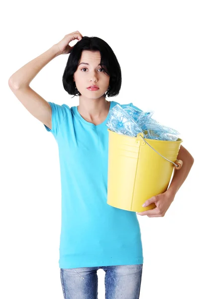 Young beautiful woman with recycling trash bin — Stock Photo, Image