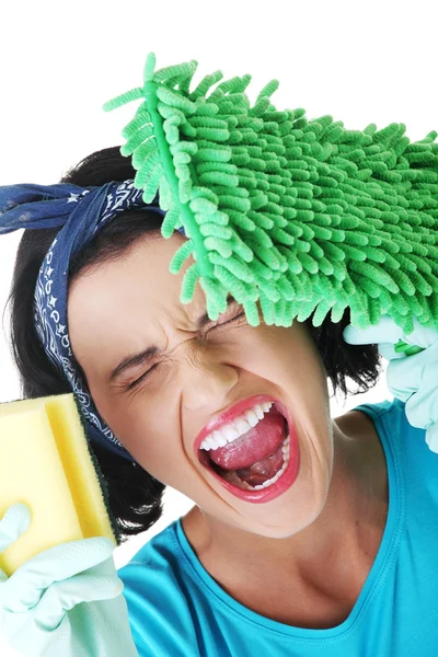 Tired and exhausted cleaning woman — Stock Photo, Image