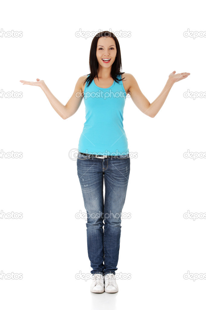 Casual woman presenting something on her heand