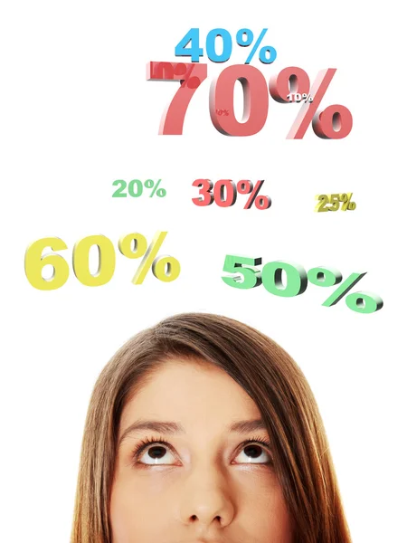 Young girl with her eyes looking up on percentage — Stock Photo, Image