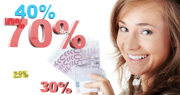 Счастливая женщина держит деньги евро против процента — стоковое фото