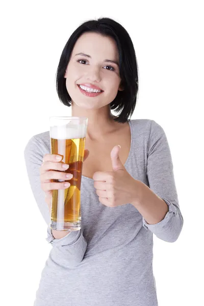 Beautiful and sexy young woman with beer — Stock Photo, Image