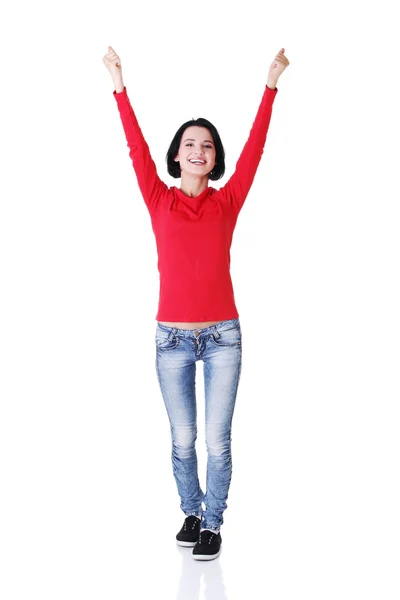 Excited young woman with fists up — Stock Photo, Image