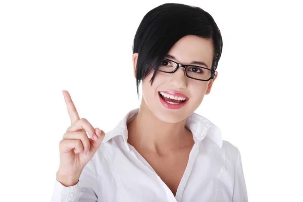 Beautiful business woman showing copy space — Stock Photo, Image