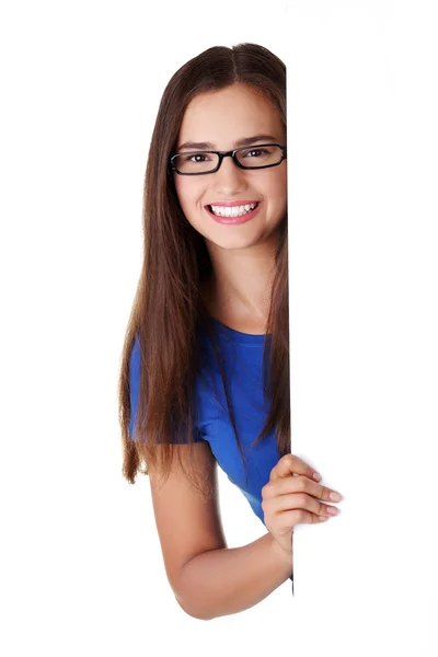 Portrait young happy woman with blank board — Stock Photo, Image