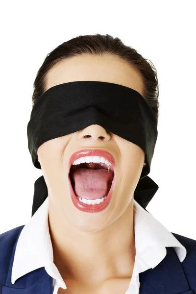 Beautiful frighten young blindfold woman — Stock Photo, Image