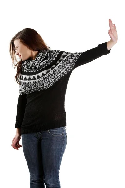 Scared woman making stop gesture sing — Stock Photo, Image