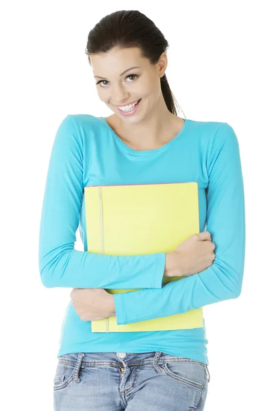 Φοιτητής ευτυχισμένη γυναίκα με τα σημειωματάρια — Φωτογραφία Αρχείου