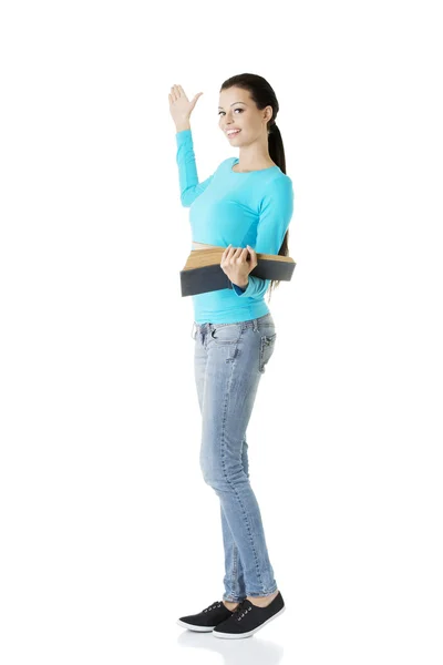 Happy student or teacher with book — Stock Photo, Image