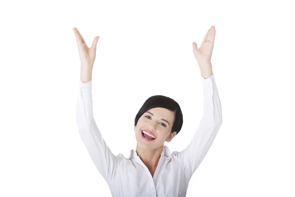 Joven mujer de negocios feliz con las manos arriba — Foto de Stock