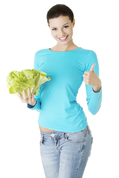 Attraente donna caucasica sorridente con salat — Foto Stock