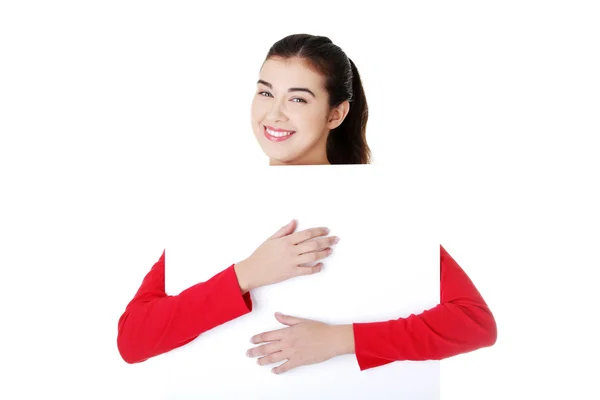 Portrait young happy woman with blank board — Stock Photo, Image