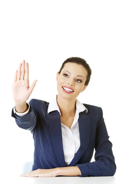 Businesswoman making choose on abstract screen — Stock Photo, Image