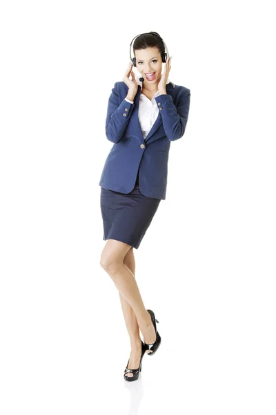 Representante de atendimento ao cliente segurando cartão de visita . — Fotografia de Stock