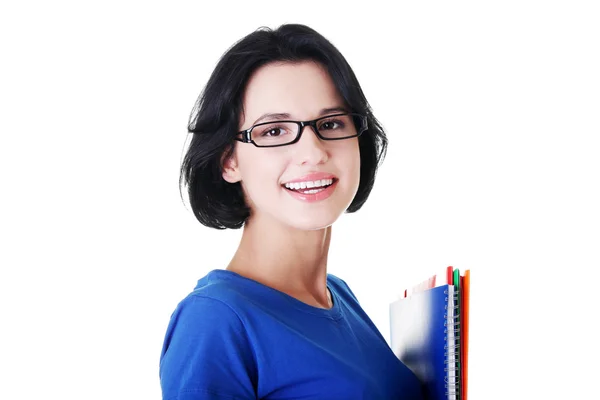 Mulher estudante feliz com cadernos — Fotografia de Stock