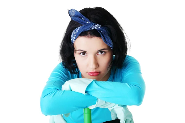 Tired and exhausted cleaning woman portrait — Stock Photo, Image