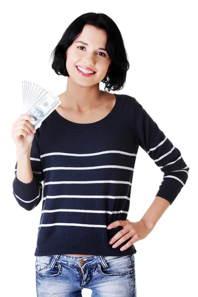 Cheerful young lady holding cash — Stock Photo, Image