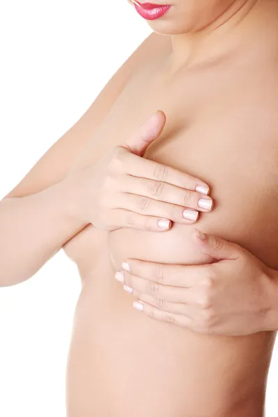 Žena zkoumání mastopatie prsu nebo rakoviny. — Stock fotografie