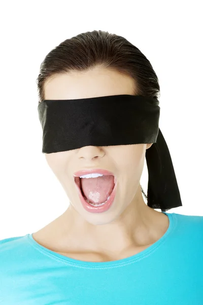 Portrait of a young blindfold woman screaming — Stock Photo, Image