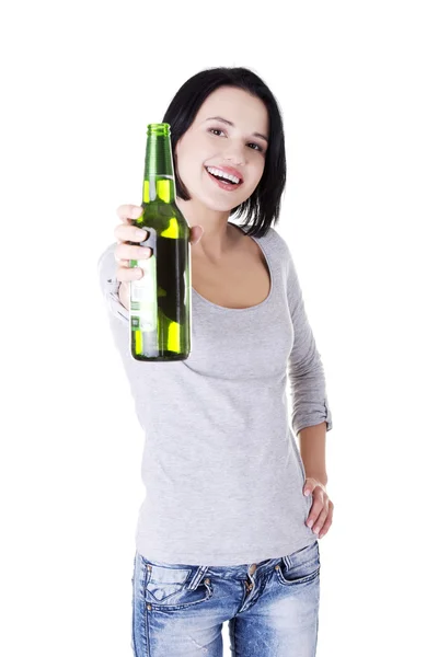 Beautiful happy woman with beer — Stock Photo, Image